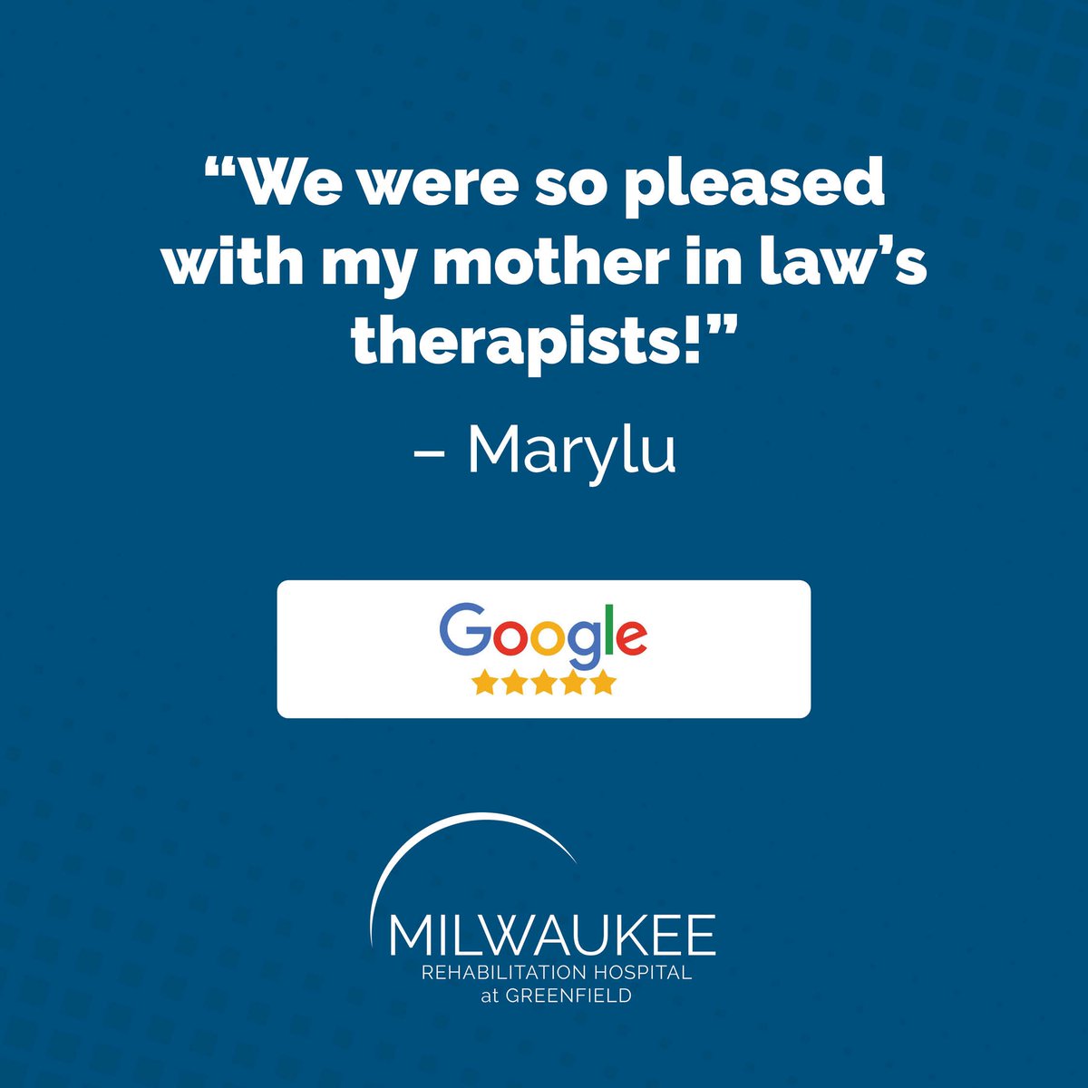 NobisRehab's tweet photo. Milwaukee Rehabilitation Hospital received a 5-star review on Google from Marylu. She said, “We were so pleased with my mother in law’s therapists! Megan, Caitlin, Monica and Shelby. Thank you!” Our team strives to be experts in top quality medical rehab therapies and provide ... https://t.co/jsacqci8xN