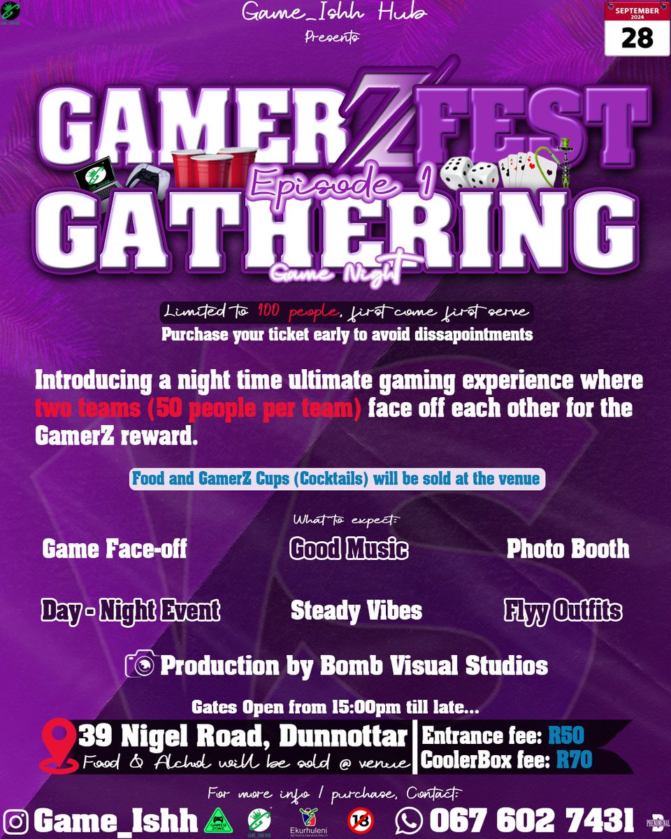 Bomb_Studios_'s tweet photo. GamerZFest Gathering Official Poster 🔮

Only accommodating 100 people in total, hurry and purchase your tickets to avoid disappointments 💜🏃🏽‍♂️

East Rand Come Alive 🔮 https://t.co/ZM3UHyCGOI