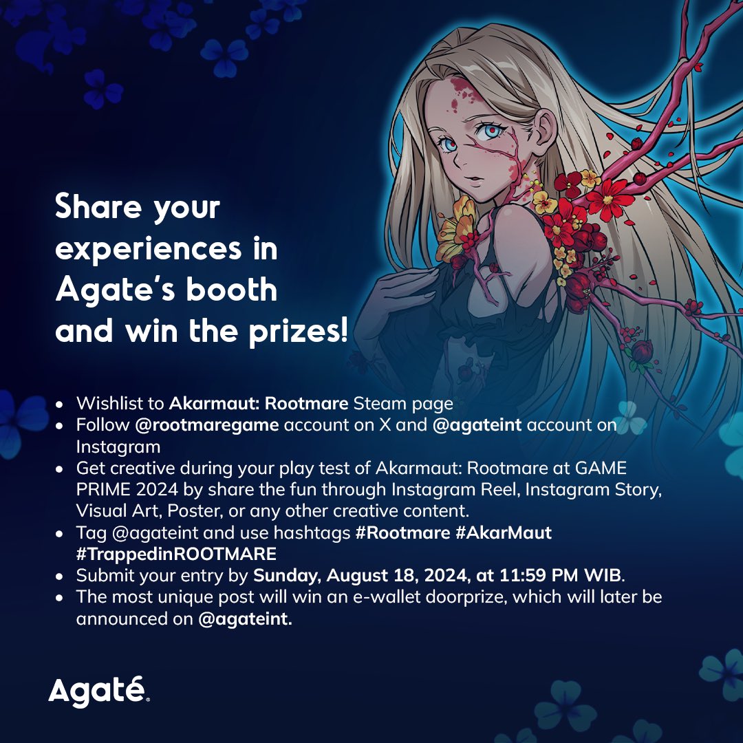 AgateInt's tweet photo. Remember to capture and share your experience at Agate’s booth. Tag us on X (@rootmaregame) as well as Instagram (@agateint) for a chance to win exciting prizes!

#Agate #AgateInternational #AkarMaut #Rootmare #GamePrime2024 https://t.co/0JuFHjoXoI