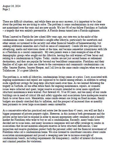 I appreciate the many conversations with Senators and constituents regarding what I believe is a shared goal of ensuring safety while preserving affordability within condominium communities. 

Here is the memo I shared with my <a href="/FLSenate/">Florida Senate</a> colleagues today. 
flsenate.gov/PublishedConte…