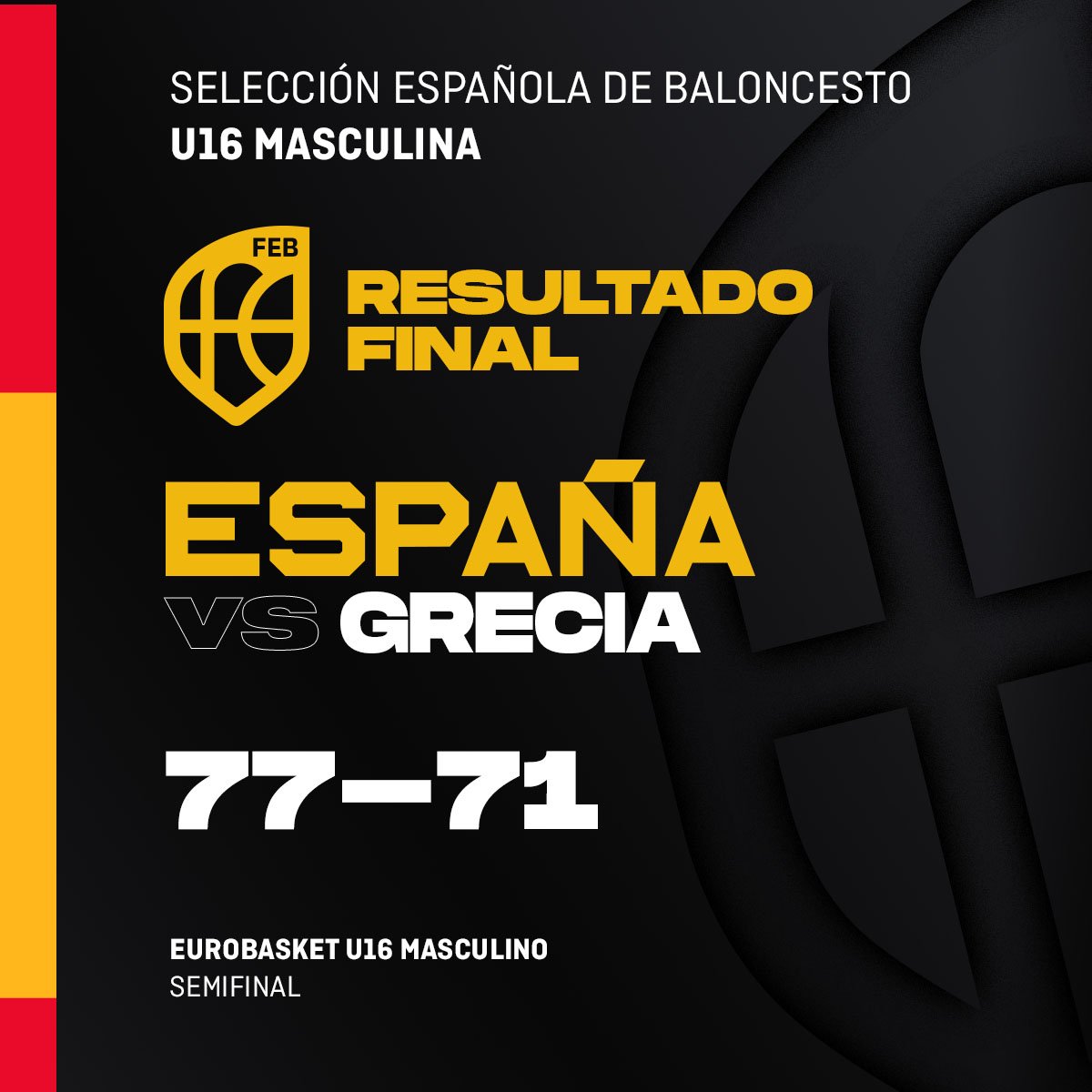 BaloncestoESP's tweet photo. La #U16M 🇪🇸 se clasifica para la 𝐆𝐑𝐀𝐍 𝐅𝐈𝐍𝐀𝐋 del Europeo 🙌

🔜 𝗙𝗜𝗡𝗔𝗟 ‼️

🏆 Semifinal  #U16Eurobasket  
 🇪🇸 🆚 🇬🇷  (77-71)
📍 Heraklion 🇬🇷

#SomosEquipo https://t.co/JlK7czpvey