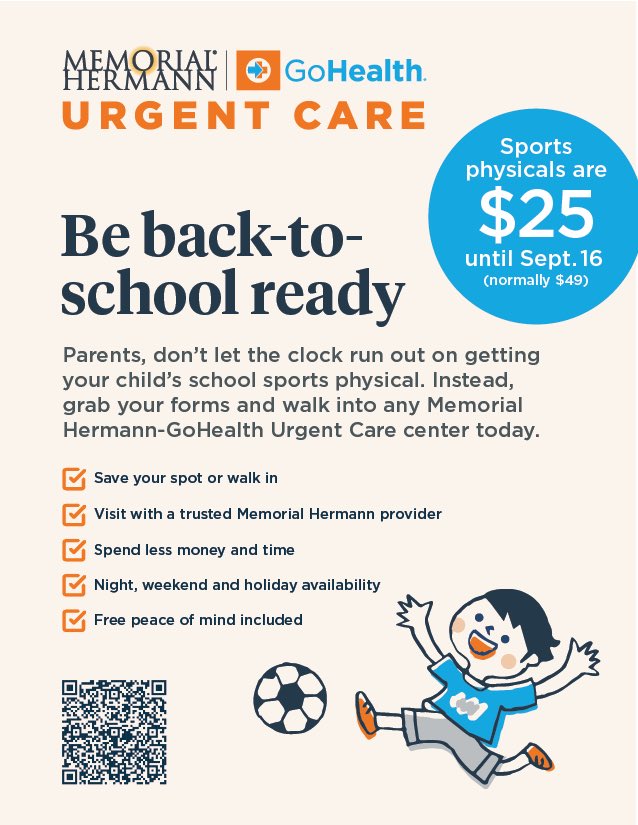 Another great opportunity to get a physical!

<a href="/TWCP_ATHLETICS/">College Park Athletics</a> 
<a href="/memorialhermann/">Memorial Hermann</a>