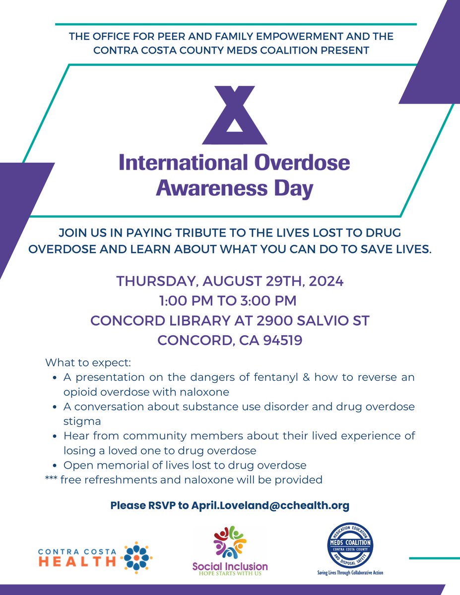 Please join us on Thursday, August 29th from 1pm-3pm at the Concord Library for our International Overdose Awareness Day event. You can expect to learn about the dangers of prescription drugs like fentanyl and training on how to reverse an overdose using naloxone.