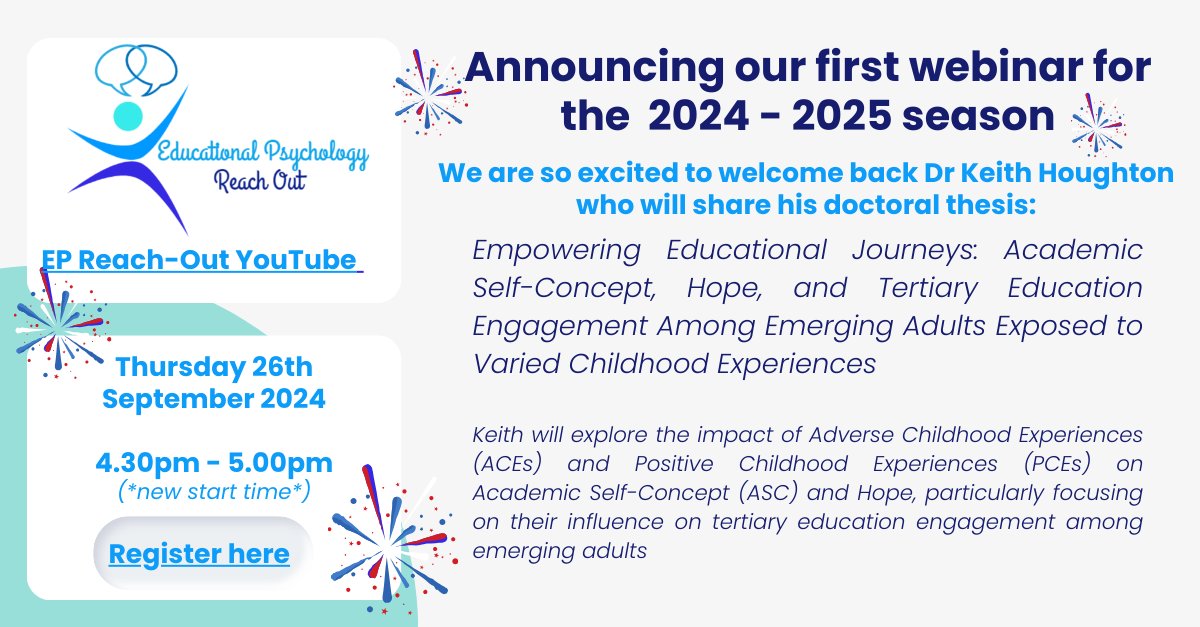epreachout's tweet photo. So we are super excited that our 24-25 season will start by welcoming back the wonderful @TEPHoughton🥳
#DrKeith will be sharing his thesis exploring #ACES #selfconcept #hope #tertiaryeducation
Register here https://t.co/pwyR7HRV0u
Thurs 26th Sept 4.30 (new start time) https://t.co/CHXi2zeVf0