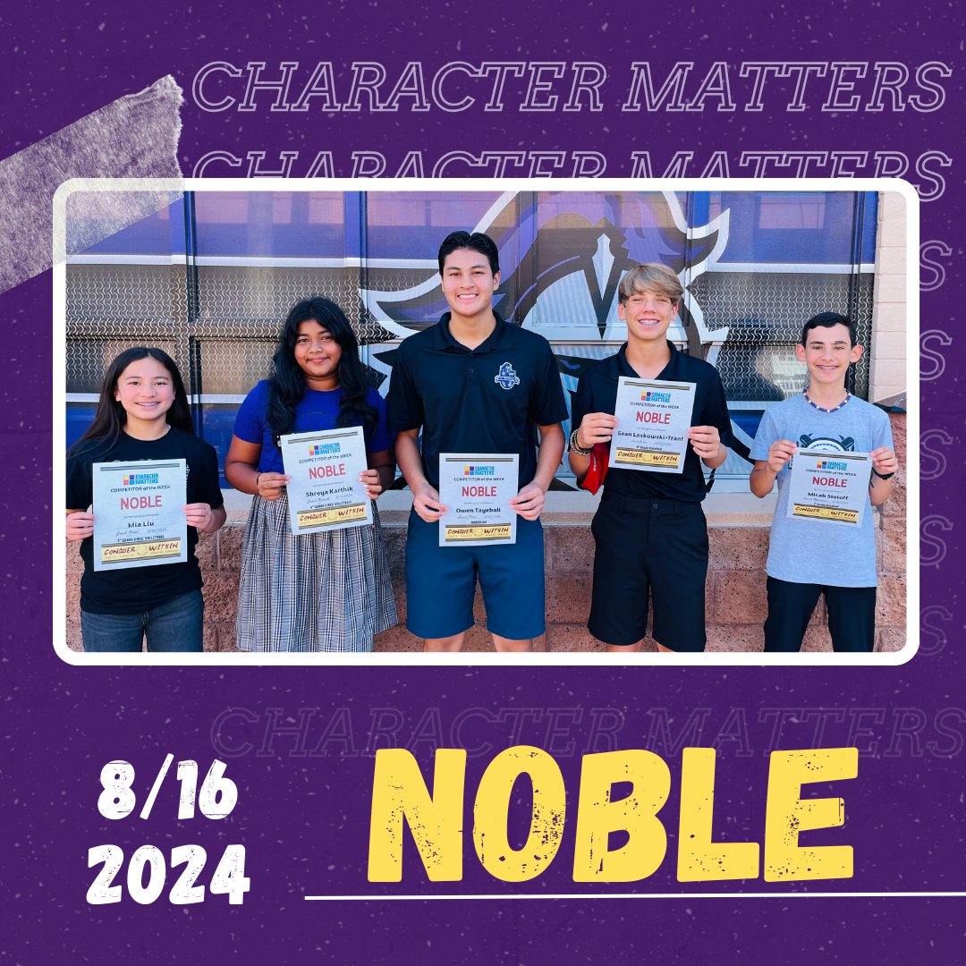 ACPJrHighAthletics (@acpjrhighsports) on Twitter photo It’s Friday which means we are celebrating our Character Matters Athletes of the Week!
This week’s theme, “Noble”, centered around having an outstanding character, high moral values, and doing what’s right. We are proud of you, Knights!
⚔ <a href="/chandlerunified/">Chandler Unified School District</a> #wearechandlerunified It’s Friday which means we are celebrating our Character Matters Athletes of the Week!
This week’s theme, “Noble”, centered around having an outstanding character, high moral values, and doing what’s right. We are proud of you, Knights!
⚔ <a href="/chandlerunified/">Chandler Unified School District</a> #wearechandlerunified