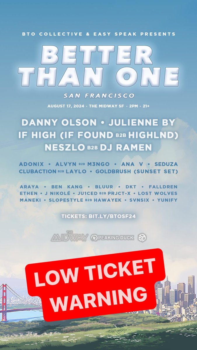 It's pretty insane what <a href="/BTOCollective_/">BTO Collective</a> has grown to over these past few years.

Just a couple of friends who love DJing and came together to support each other. &amp; now we're throwing FESTIVALS. Anyways see you tomorrow :)

Last chance for tickets here: bit.ly/btosf24