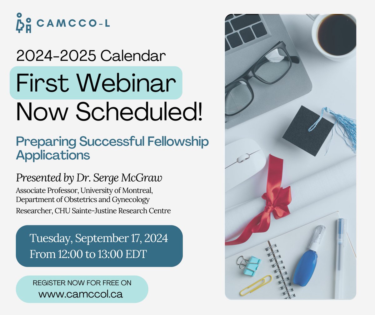 CAMCCO-L (@camccol) on Twitter photo Register now in the Member Area for the 1st webinar of 2024-2025!
On September 17 at noon EDT, Dr. Serge McGraw, Professor at <a href="/med_umontreal/">Faculté de médecine</a> and Researcher at <a href="/CR_CHUSJ/">Centre de recherche Azrieli du CHU Sainte-Justine</a>, will share his expertise to help you succeed in your future fellowship applications!
camccol.ca Register now in the Member Area for the 1st webinar of 2024-2025!
On September 17 at noon EDT, Dr. Serge McGraw, Professor at <a href="/med_umontreal/">Faculté de médecine</a> and Researcher at <a href="/CR_CHUSJ/">Centre de recherche Azrieli du CHU Sainte-Justine</a>, will share his expertise to help you succeed in your future fellowship applications!
camccol.ca