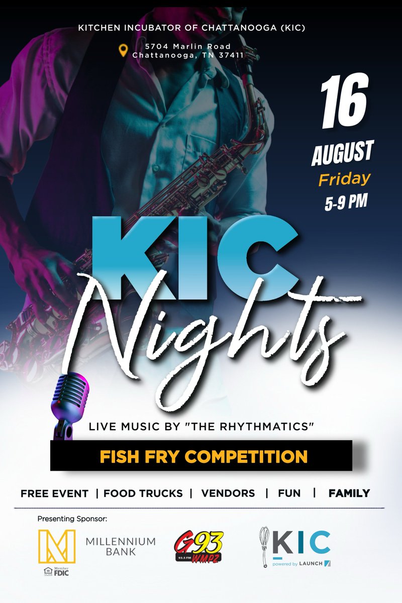 Join us TONIGHT from 5-9pm for our final KIC NIGHTS of the summer! Tonight we are going out with a bang 💥with an epic FISH FRY🐟 competition, a lineup of food trucks, market vendors, and a live performance by The RhythMatics, featuring Zowie Boyd! 🎶 
 #chattanoogaevents