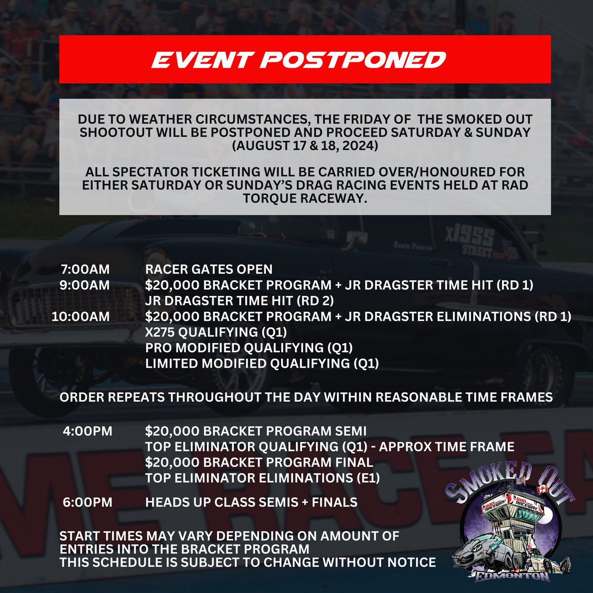 RadRaceway's tweet image. The Friday of the Inaugural Smoked Out Shootout is Officially POSTPONED due to weather.
All fan ticketing purchased online will be credited and carry over to Saturday OR Sunday of this event. For any/all refunding, please contact info@radraceway.com