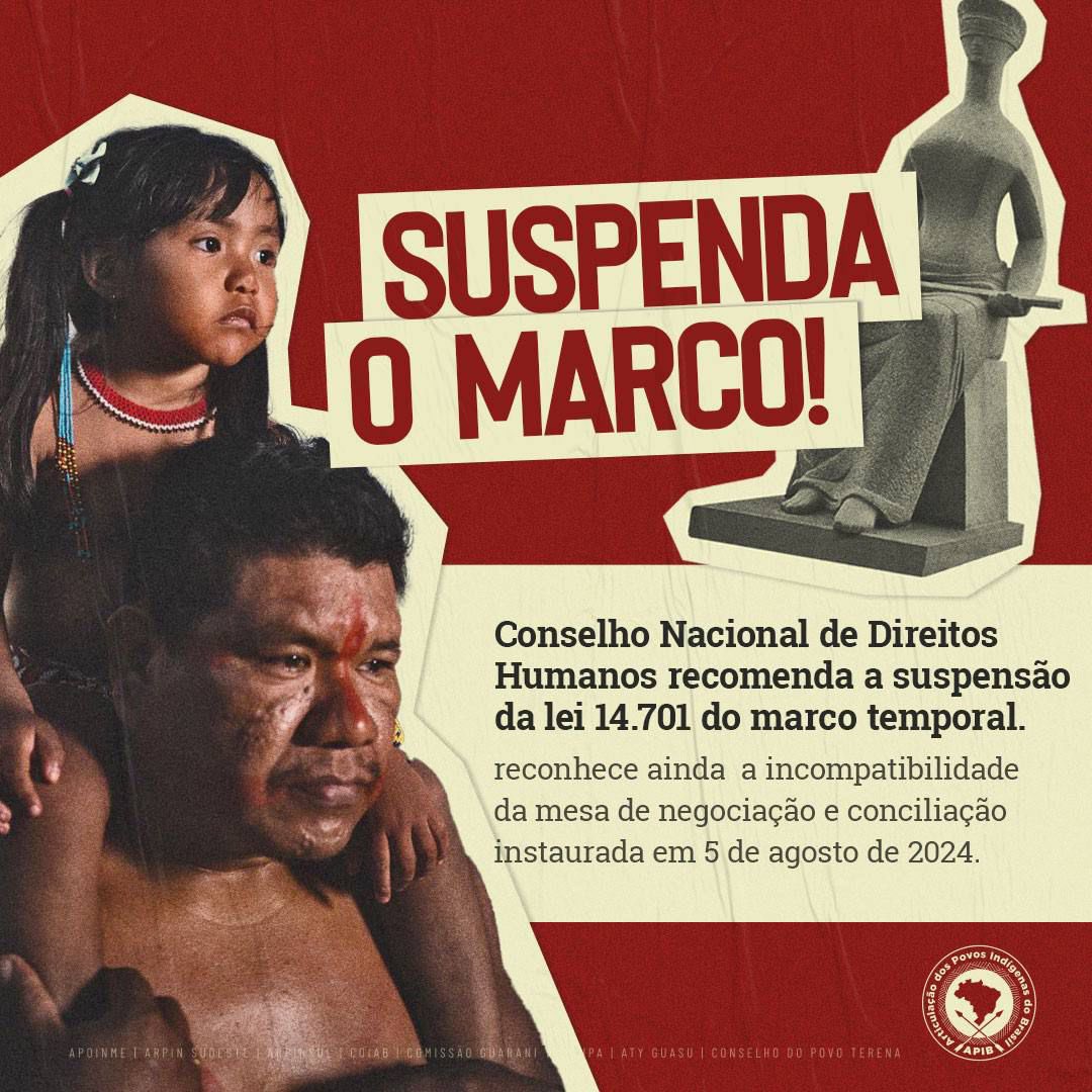 ApibOficial's tweet photo. 🏹✊🏾 O Conselho  Nacional de Direitos Humanos (CNDH) recomendou ao Supremo Tribunal Federal (STF) que suspenda os efeitos da lei 14.701/2023, que instituiu o marco temporal e outras violações dos direitos indígenas. 

#DemarcaçãoÉDemocracia https://t.co/8igu5Jo6m2