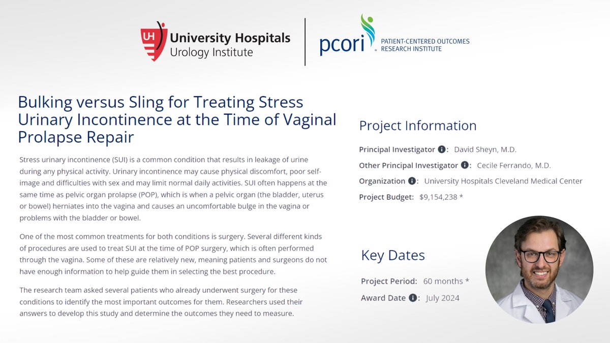 University Hospitals Urology Institute (@caseurology) on Twitter photo Congratulations to Dr. David Sheyn on his recent <a href="/PCORI/">The Patient-Centered Outcomes Research Institute</a> grant - the largest in <a href="/UHhospitals/">University Hospitals</a> history - $9.2M! With the funds, Dr. Sheyn and his team will explore Bulking versus Sling for Treating Stress #UrinaryIncontinence at the Time of #VaginalProlapse Repair. Congratulations to Dr. David Sheyn on his recent <a href="/PCORI/">The Patient-Centered Outcomes Research Institute</a> grant - the largest in <a href="/UHhospitals/">University Hospitals</a> history - $9.2M! With the funds, Dr. Sheyn and his team will explore Bulking versus Sling for Treating Stress #UrinaryIncontinence at the Time of #VaginalProlapse Repair.