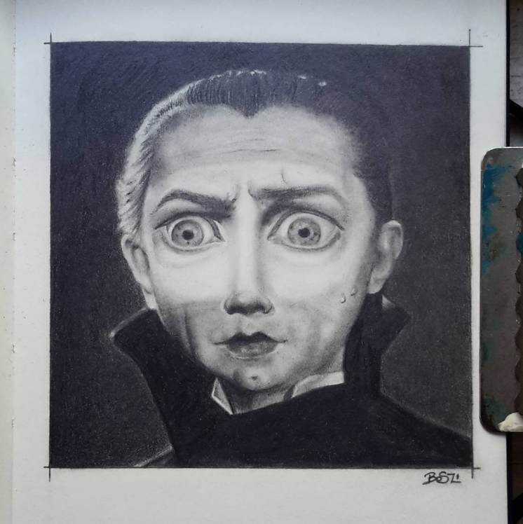 Finally, here's one of my favourite graphite drawings ever, by <a href="/bodaszilvia/">Boda Szilvia</a>: a big eye art, pop surrealism portrait of Bela Lugosi as "the best #dracula ever ❤" (as Szilvia said — and I fully agree with her.)

(Photo from her insta, with her kind permission.)