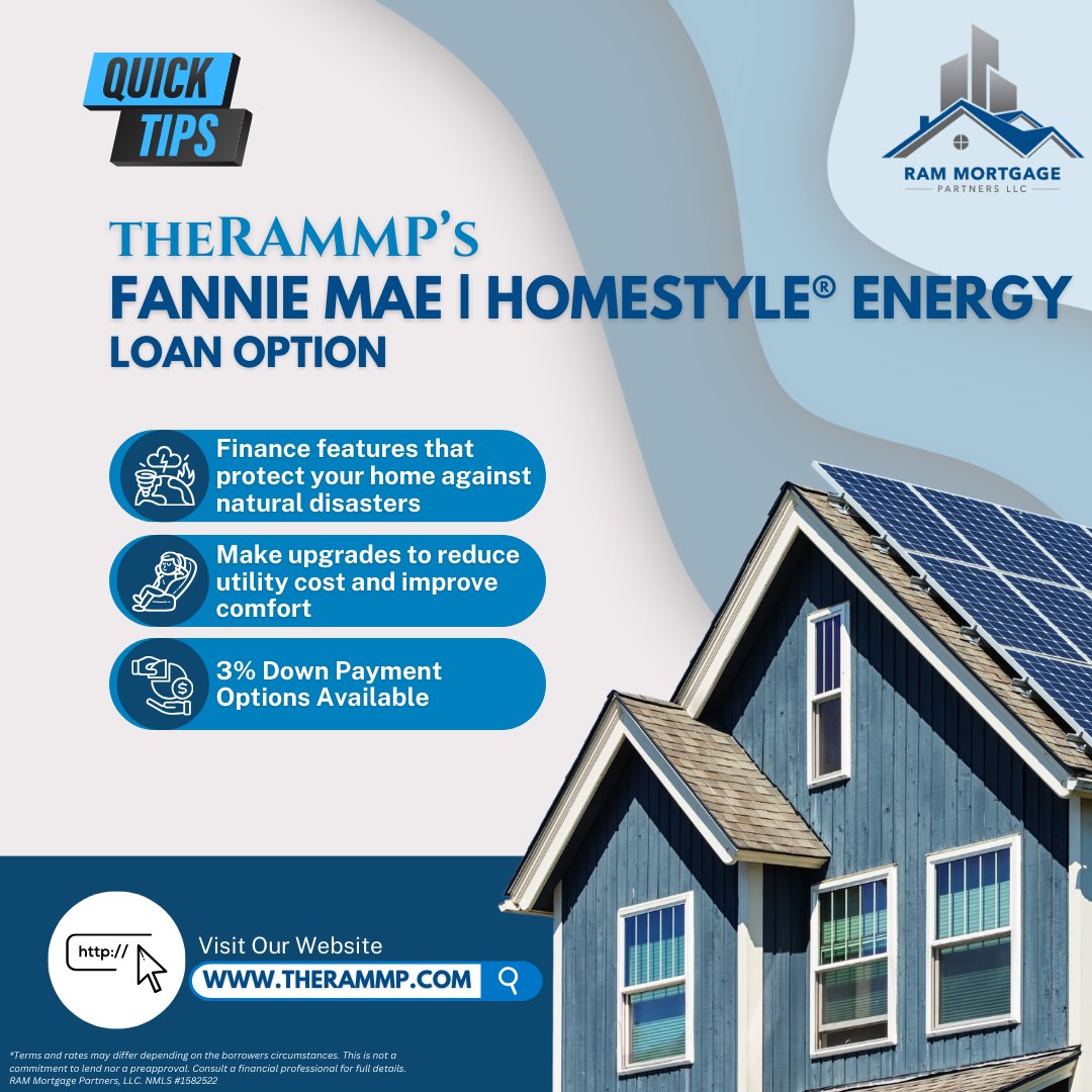 RAMMortgage's tweet photo. Going green has never been easier! 🌿 The HomeStyle Energy loan lets you finance energy-efficient upgrades right into your mortgage. Save money AND the planet. 🌎 https://t.co/y5w5Vy7HaK

#sustainablehome #homeimprovementloan #theRAMMP

NMLS #1582522 https://t.co/OeFeYAfTU8