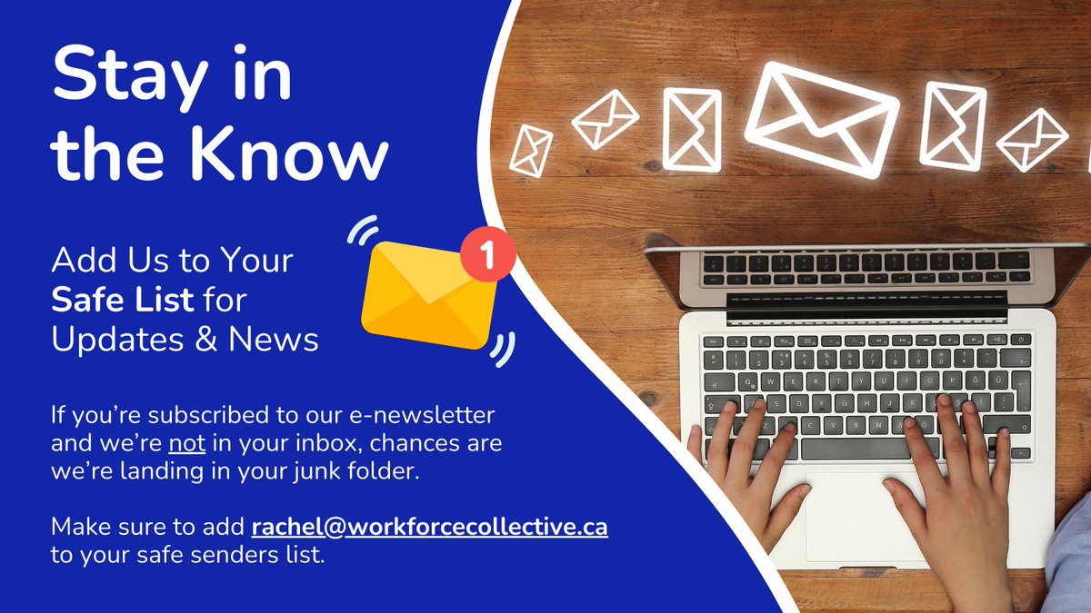 Workforce Collective (@workthinkdo) on Twitter photo Incoming News! 🚨
Adding us to your Safe Senders List is the best way to ensure that you receive our updates, news, events, and more!
Learn how you can whitelist our email (📧 rachel@workforcecollective.ca), depending on the email platform you use: hubs.li/Q02Kwjzc0 Incoming News! 🚨
Adding us to your Safe Senders List is the best way to ensure that you receive our updates, news, events, and more!
Learn how you can whitelist our email (📧 rachel@workforcecollective.ca), depending on the email platform you use: hubs.li/Q02Kwjzc0