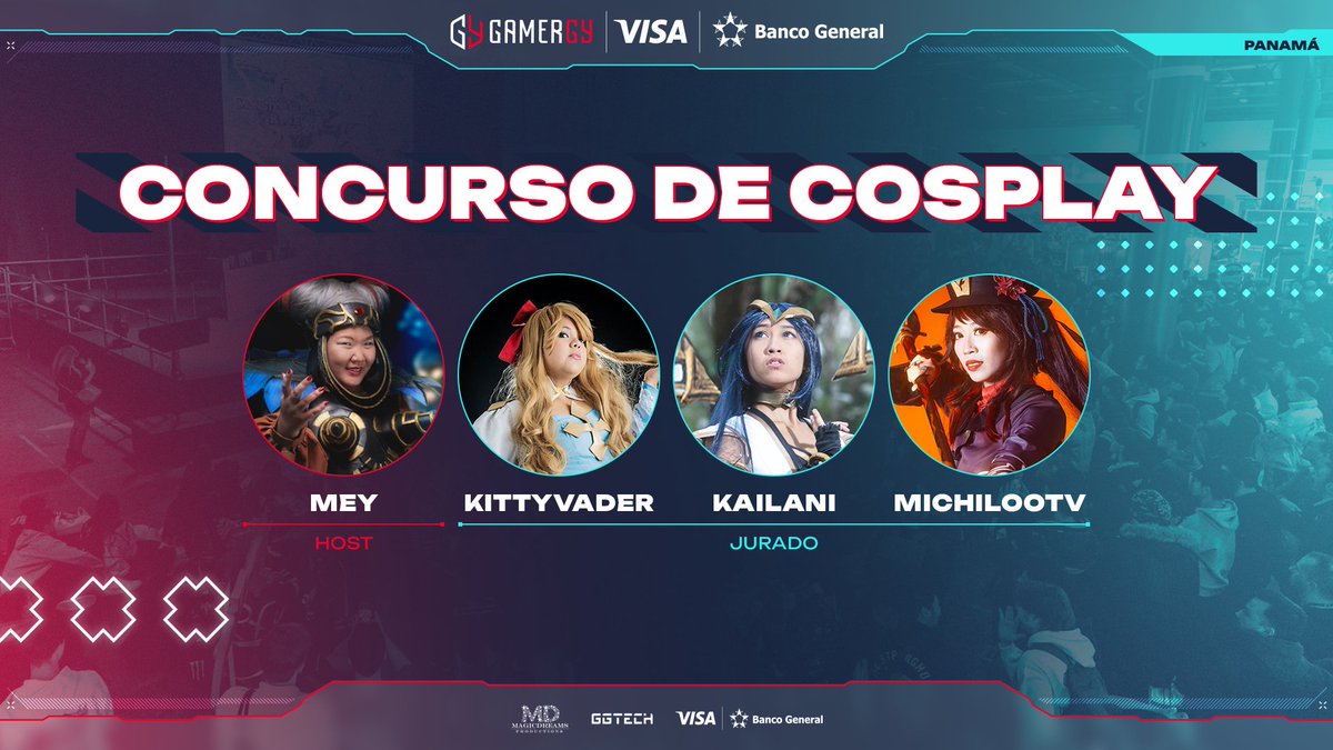 Las tres categorías del Concurso de Cosplay tendrán a un increíble jurado que proclamará a los ganadores de #GAMERGYPanamá 🥰

⭐ KittyVader
⭐ <a href="/Kailani_Cosplay/">Kailani Cosplay</a>
⭐ <a href="/MichiLooTV/">Michi Loo ☁ 🔞🥵</a>

🌟 Todo ello con Mey como host del concurso, ¡no se lo pueden perder!
🎟 panama.gamergy.gg