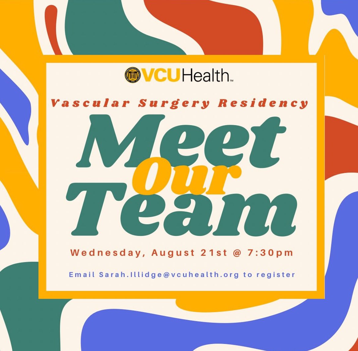 VCUVascSurg's tweet image. Interested in finding out more about our Integrated Vascular Surgery residency? Join us virtually this Wednesday August 21  @ 19:30 (EST) for a social “Meet &amp;amp; Greet”! Just send an email to Sarah Illidge to RSVP.