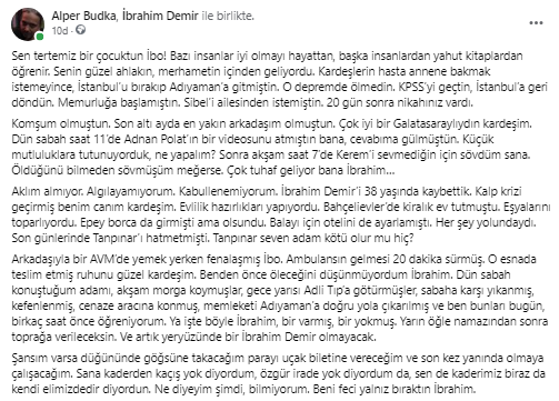 Alper Budka (@alperbudka) on Twitter photo Sen tertemiz bir çocuktun İbo! Bazı insanlar iyi olmayı hayattan, başka insanlardan yahut kitaplardan öğrenir. Senin güzel ahlakın, merhametin içinden geliyordu.
Yarın öğle namazından sonra toprağa verileceksin. Ve artık yeryüzünde bir İbrahim Demir olmayacak... <a href="/abraham0234/">ibrahim Demir</a> Sen tertemiz bir çocuktun İbo! Bazı insanlar iyi olmayı hayattan, başka insanlardan yahut kitaplardan öğrenir. Senin güzel ahlakın, merhametin içinden geliyordu.
Yarın öğle namazından sonra toprağa verileceksin. Ve artık yeryüzünde bir İbrahim Demir olmayacak... <a href="/abraham0234/">ibrahim Demir</a>