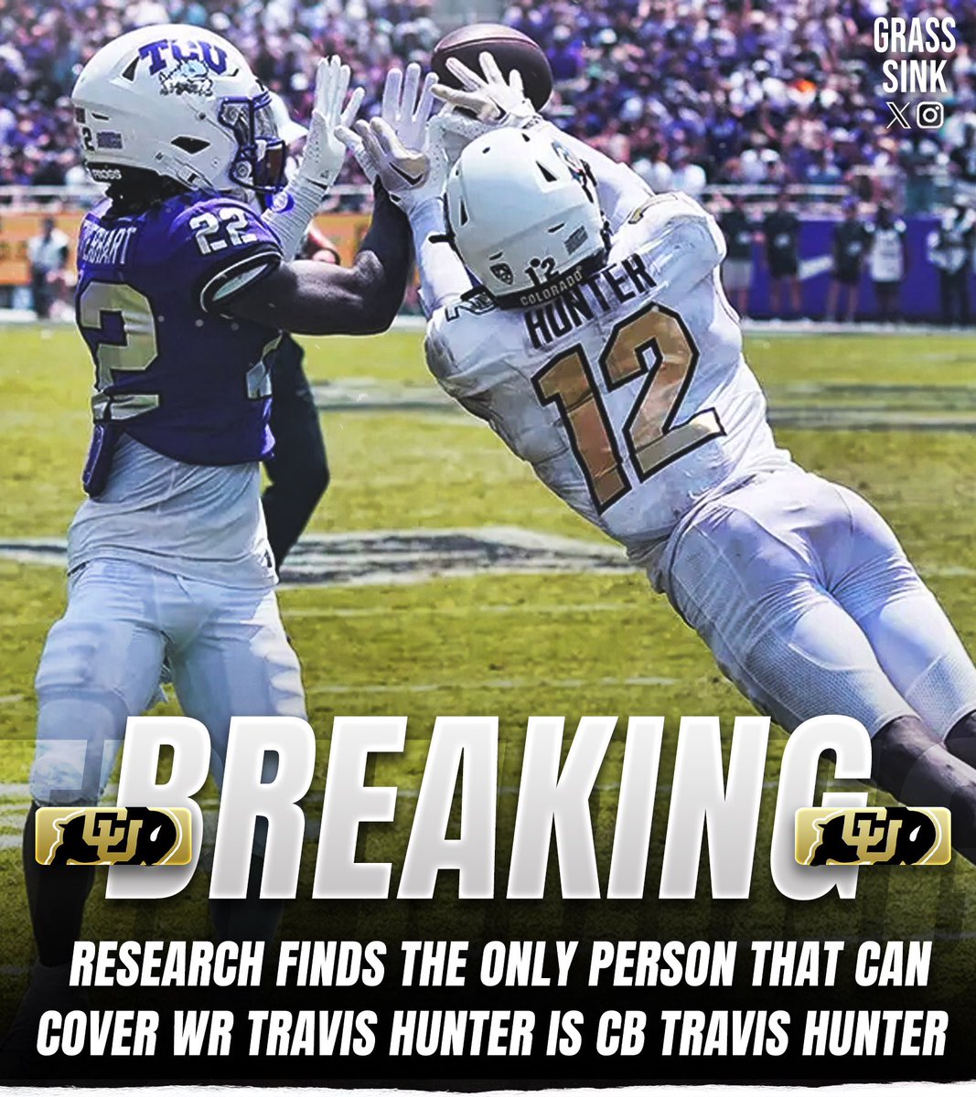 TheGrassSink's tweet photo. BREAKING: Researchers recently determined the only player that can guard Travis Hunter when he’s on offense is Travis Hunter when he’s on defense.

The man truly is one-of-one. Now all that’s left to do is figure out how this affects Lebron’s legacy. https://t.co/JQ3avUryKe