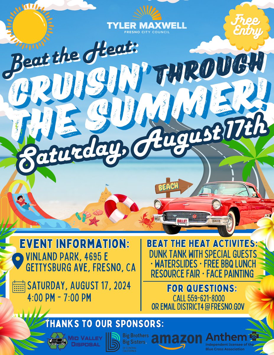 Get ready to Cruise through the Summer at our annual community event Beat the Heat! On Sat, August 17th, we will have a dunk tank w/ special guest, waterslides, free lunch, a resource fair, face painting &amp; more!
🗓️Sat, August 17 from 4-7 pm
📍Vinland Park, 4695 E. Gettysburg Ave