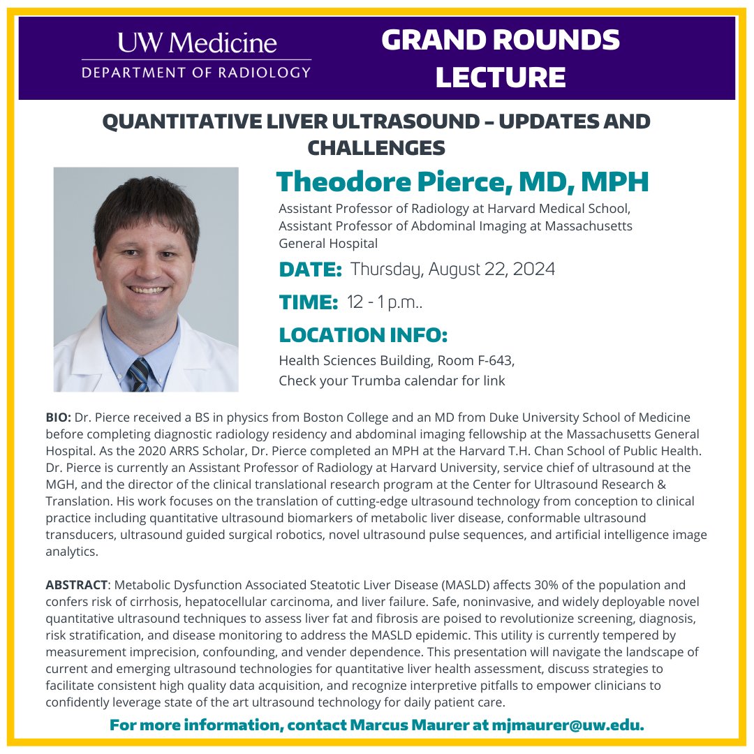 UW Radiology (@uwradiology) on Twitter photo Dr. Theodore Pierce, assistant professor of #radiology at <a href="/harvardmed/">Harvard Medical School</a> and an assistant professor of abdominal imaging at Massachusetts General Hospital, will present a Grand Rounds Lecture on 8/22 at 12 p.m.! Attend in-person or online. #UWRadiology #UWMedicine <a href="/MGHMedicine/">MassGeneral Medicine</a> Dr. Theodore Pierce, assistant professor of #radiology at <a href="/harvardmed/">Harvard Medical School</a> and an assistant professor of abdominal imaging at Massachusetts General Hospital, will present a Grand Rounds Lecture on 8/22 at 12 p.m.! Attend in-person or online. #UWRadiology #UWMedicine <a href="/MGHMedicine/">MassGeneral Medicine</a>