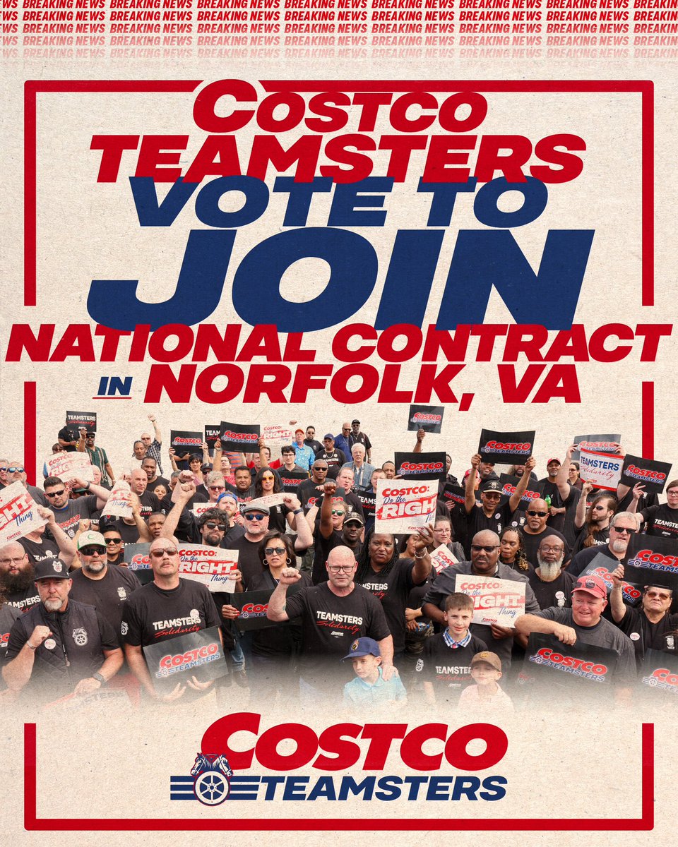 COSTCO WORKERS IN VIRGINIA OVERWHELMINGLY VOTE TO JOIN NATIONAL CONTRACT

Today, Costco workers in Norfolk, Va., voted overwhelmingly to join the Teamsters national contract at Costco, securing strong job and retirement protections under the Western Conference of Teamsters