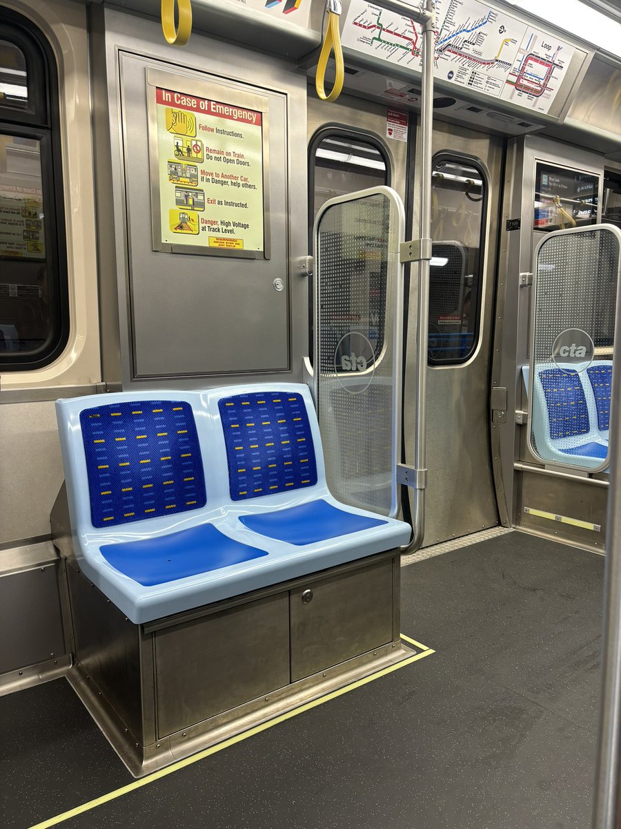 TinaSfon's tweet photo. My Blue Line O’Hare bound train is squeaky, squeaky clean for the DNC. Like I’ve never seen it like this. Did they… shampoo the seats? https://t.co/lzepoS9tmw