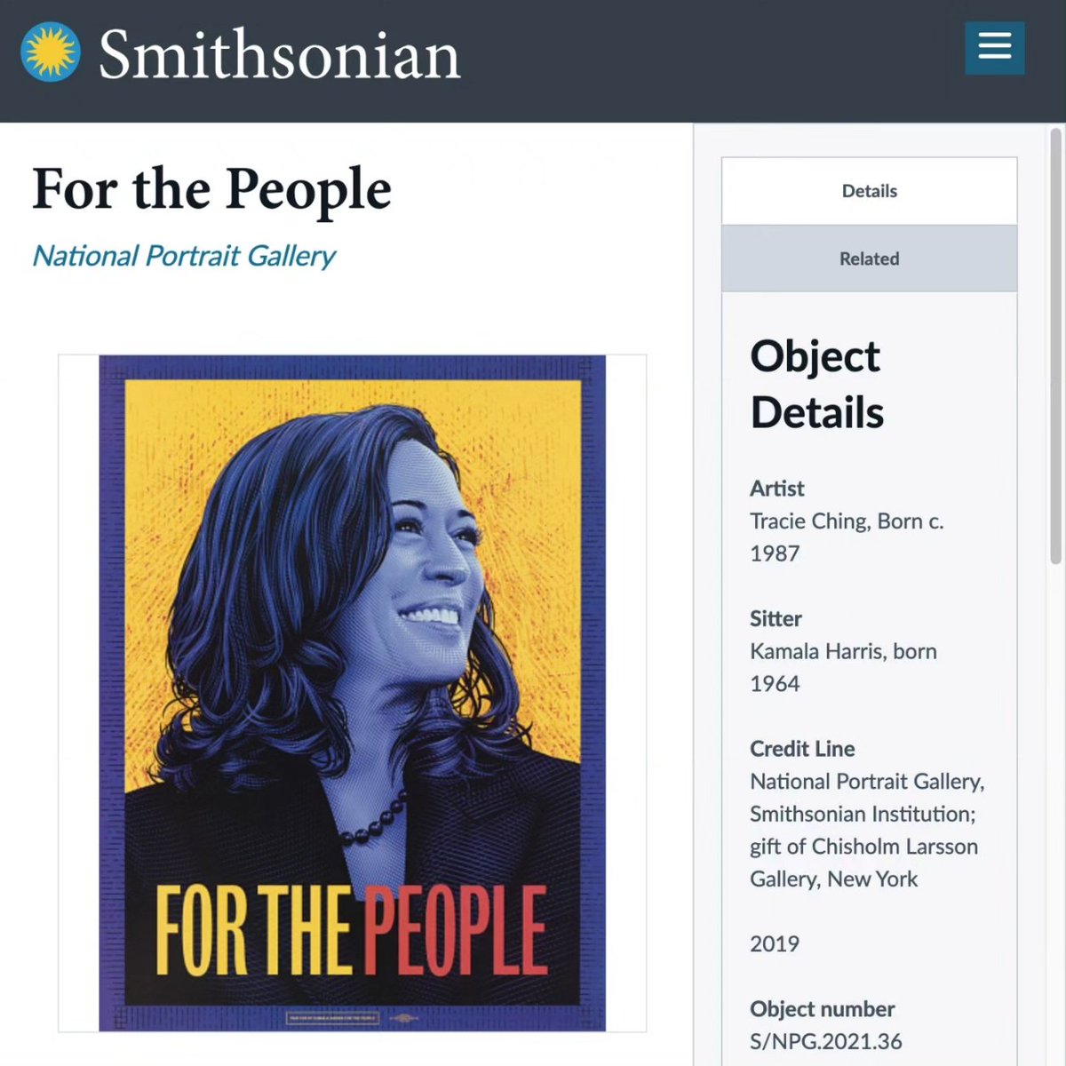 Discovered my For the People poster, created for Kamala Harris' 2020 presidential campaign, is in the National Portrait Gallery collection.

Seeing my name cataloged/cited like many of the portrait artists idols is a trip. Cherry on top - the collected work is a screen print.