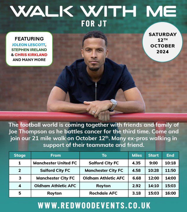 IAmJoeThompson's tweet image. Big thanks to the @PFA for supporting and being the main sponsor for our #WalkWithMeForJT on October 12th.
This really is a footy community event. Many companies & walkers are supporting our 21 mile walk from @ManUtd to @officiallydale.
Get involved!
redwoodevents.co.uk/what-is-walk-w…