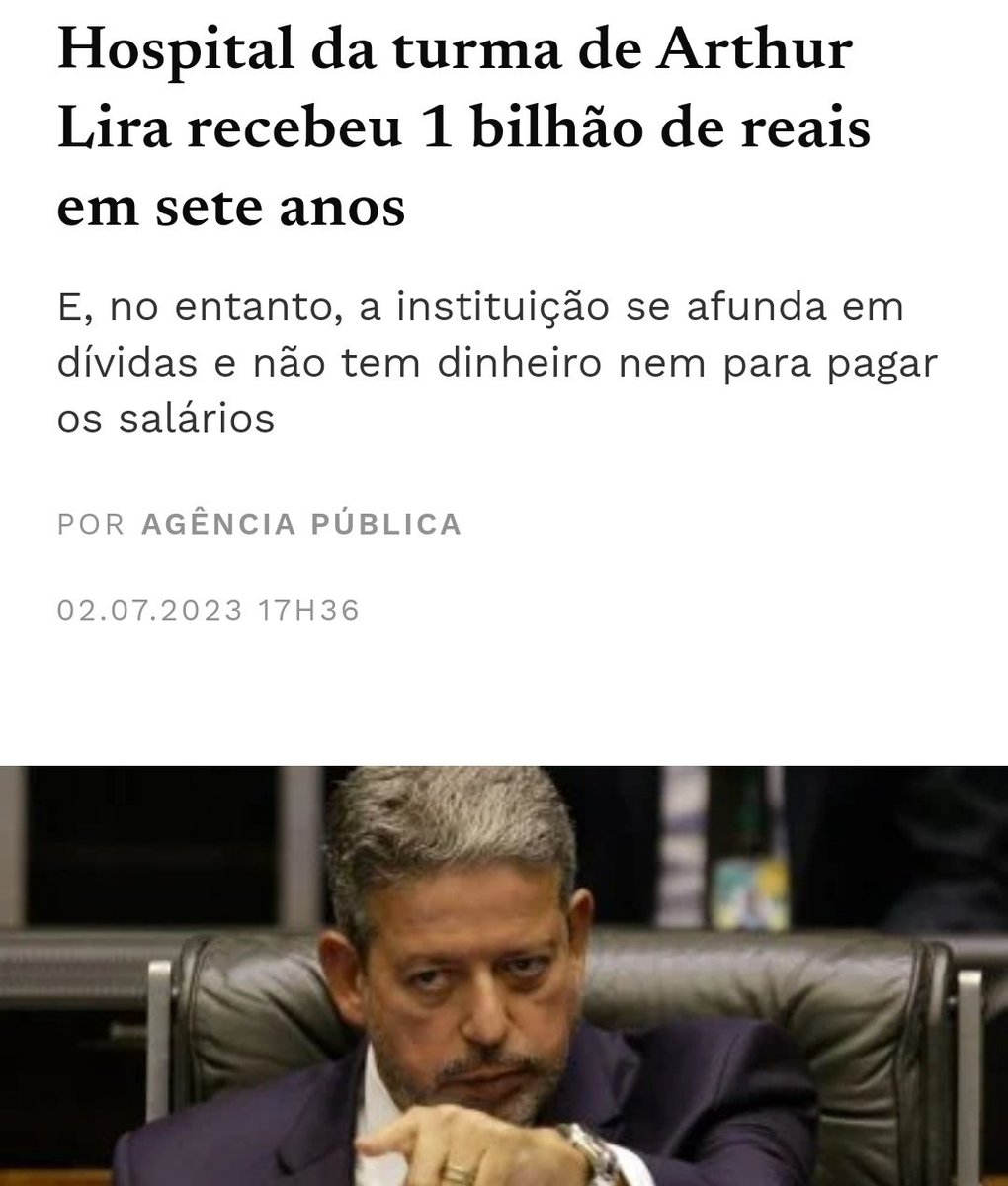 Hospital Veredas em Alagoas, comandado pela turma de Arthur Lira.

Sua prima é diretora financeira -, recebeu R$ 1 bilhão em 7 anos da Saúde, mais do que receberam 7 estados. 

Ainda assim, a instituição se afunda em dívidas e não tem dinheiro nem para pagar os salários. Para os