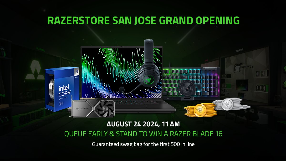 Razer's tweet photo. A new #RazerStore has appeared❗

Join us at 11AM PDT on 8/24 RSVP here: https://t.co/2Yp6GacIhk. 
 
Be among the first 100 in line and stand to win a Razer Blade 16. We’ll also be giving away an @IntelGaming Core i9-14900K Desktop CPU and a ton of Razer gear throughout the day. https://t.co/6XcCbjXh6x