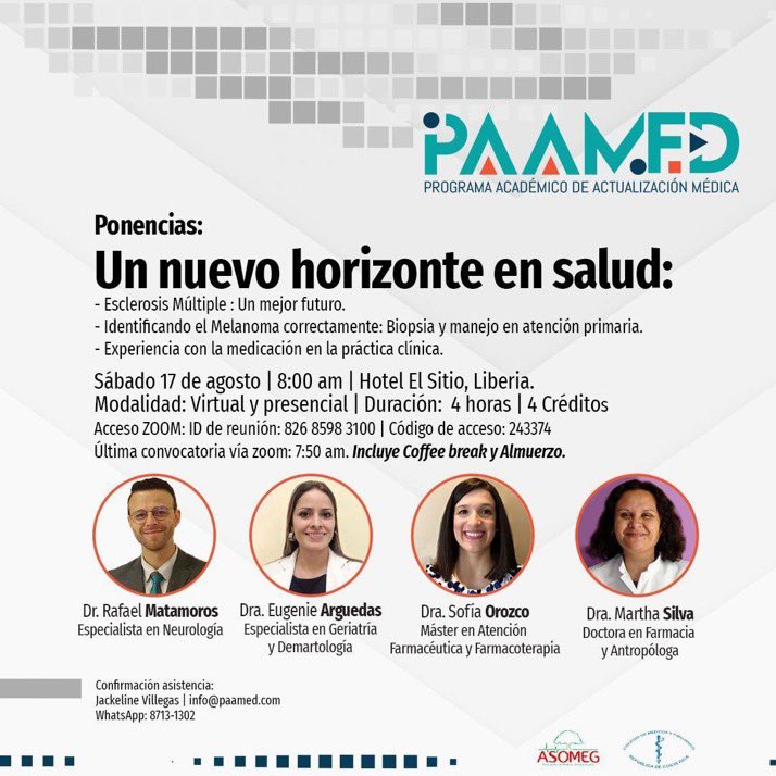 MarthaMilenaSi2's tweet photo. 🔜Mañana 📅17 de agosto conversaremos en el Programa Académico de Actualización Médica #PAAMED de #CostaRica sobre Experiencia con la Medicación #MedicationExperience como un nuevo horizonte en salud con @SofiaOrozco06 @SEDOF_ORG Les esperamos vía zoom 👇🏼👇🏼👇🏼👇🏼 https://t.co/Qf2hMXYyYz