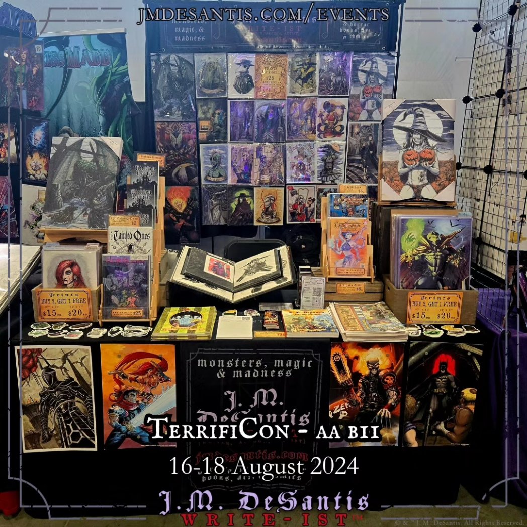 jmdesantis's tweet photo. All set up for Terrificon. Fri - Sun, Artist Alley B11 at Mohegan Sun. (And for the record, this is show #32 for this year.)
#Writeist #author #artist #writer:
#DarkFantasy & #Horror #books #novels #comics #art #stickers #artcommissions https://t.co/9lA3fZLL4d