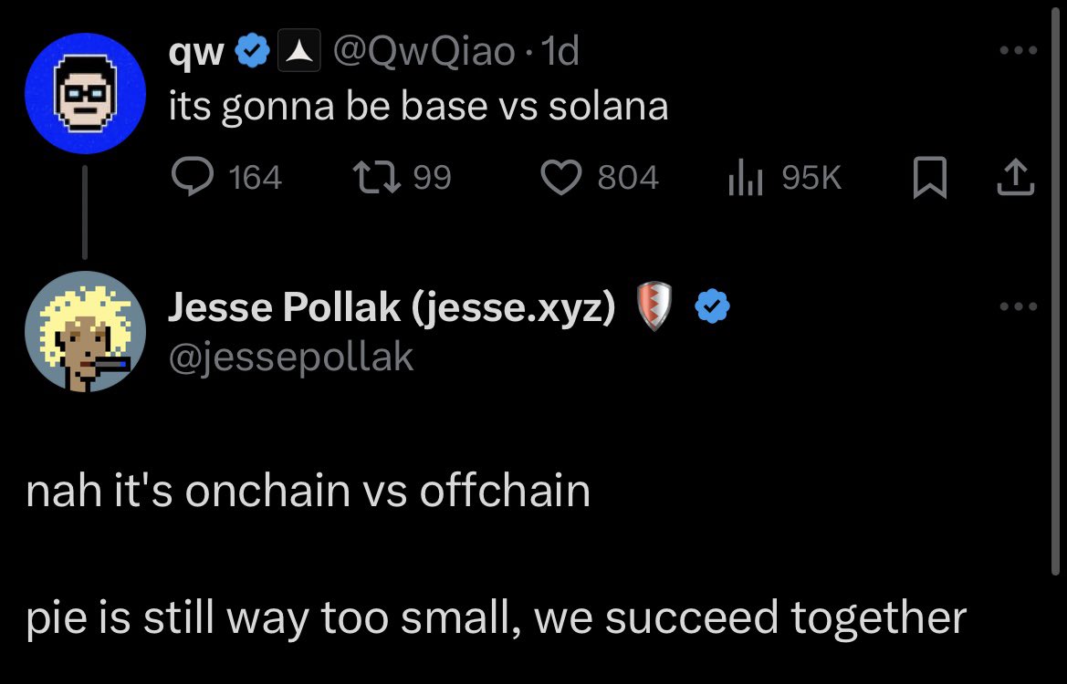 AltcoinPsycho's tweet photo. crypto needs more of this energy. 

tribalism is wasted mindshare in an obvious multi-chain future.

masterclass reply by @jessepollak https://t.co/R48NZLyw4a