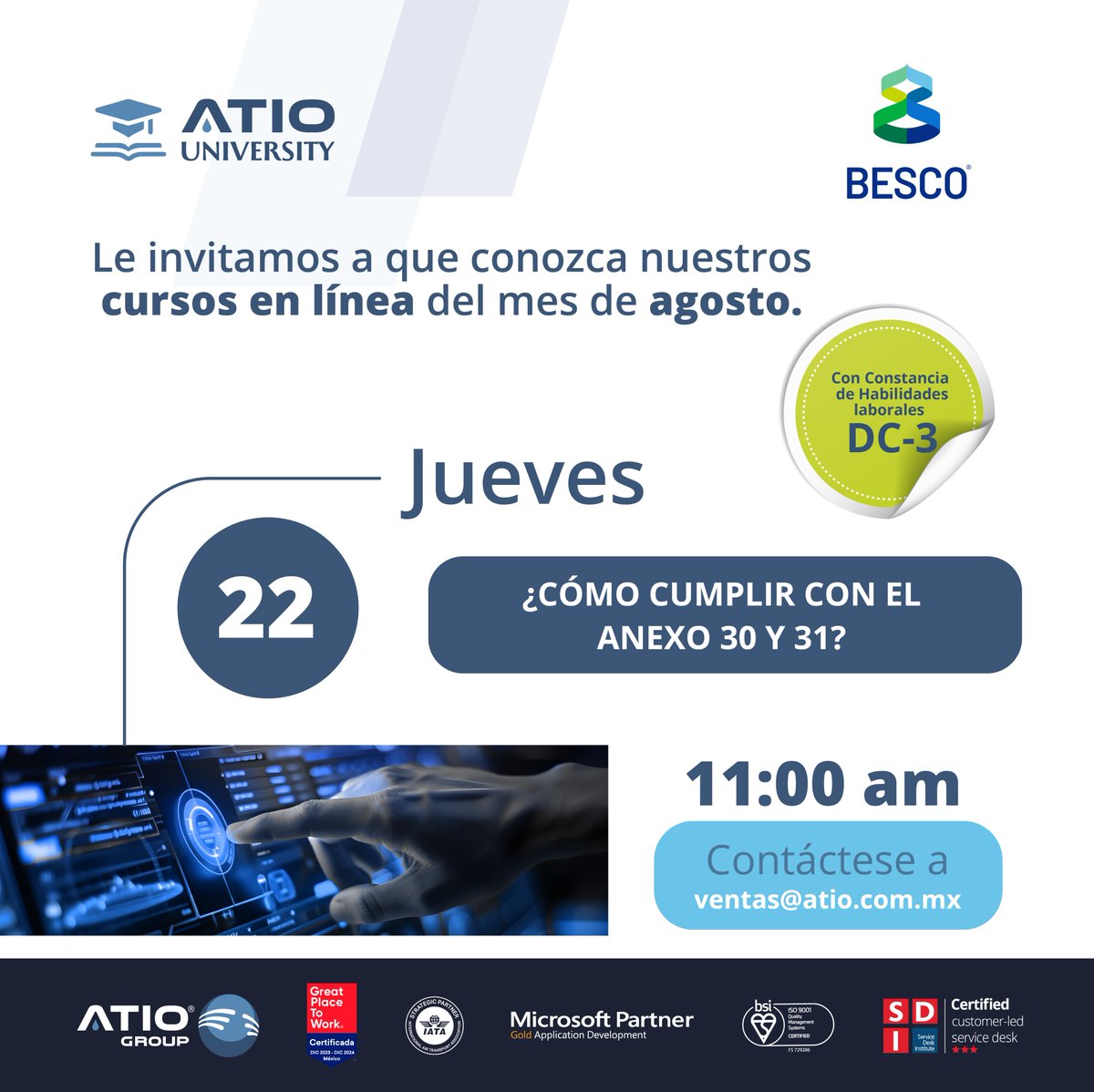 ATIOGroup's tweet photo. Última oportunidad para capacitarse desde cualquier lugar. 🤩
Inscríbase en nuestro #cursoenlínea, "¿Cómo cumplir con el #anexo30 y 31?" diseñado especialmente para profesionales del #sectorgasolinero.
Inicio: 22 de agosto.
Contáctese a ventas@atio.com.mx👈
#ATIOGroup @grupobesco https://t.co/oGR0VH2tgV