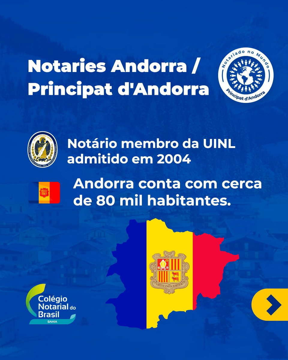 CNB_BA's tweet photo. NOTARIADO NO MUNDO🌍✨ 

Você sabia que os tabeliães estão presentes em mais de 90 países ao redor do mundo?🏛️🌏 

Embarque conosco em uma viagem até Andorra para desvendar os detalhes do sistema notarial desse país, repleto de história e tradição. 💼

#NotariosDoMundo https://t.co/LRSAFa3jlU