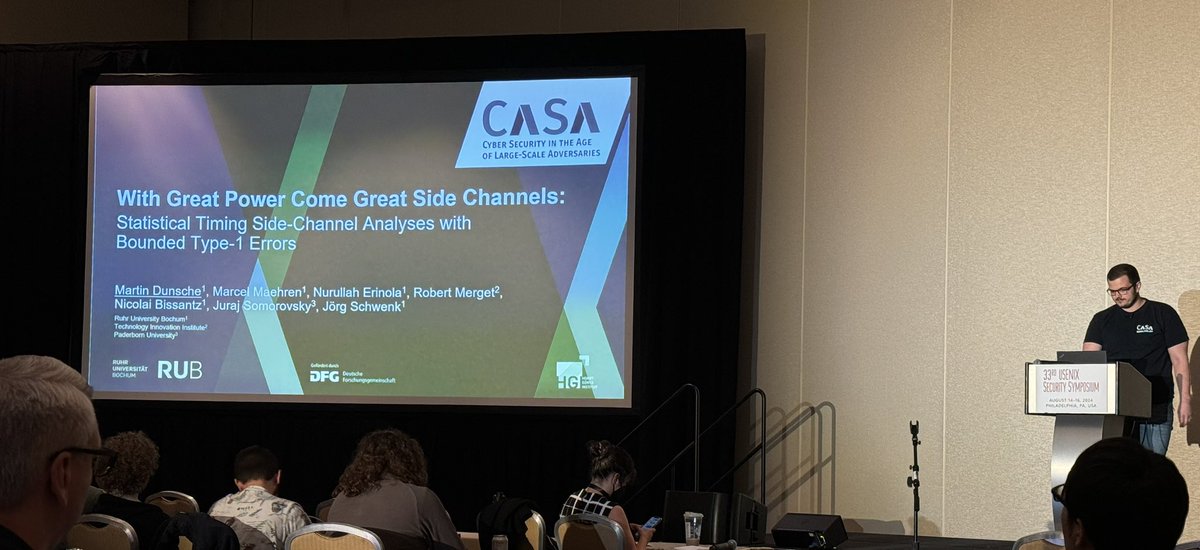 Now <a href="/MDunsche/">Martin Dunsche</a> presents our recent work on timing side channels at <a href="/USENIXSecurity/">USENIX Security</a>.

📝 usenix.org/system/files/u…
🛠️ github.com/tls-attacker/R…

#usesec24