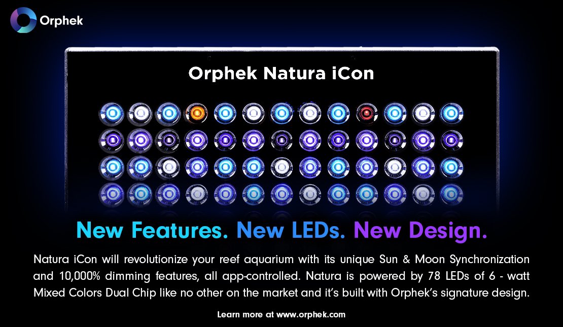 Orphek's tweet photo. 🌊✨ Introducing Orphek Natura iCon! 🪸✨

🚀 **New Features, New Design.** Sun &amp; Moon Sync, 10,000% dimming, 78 Mixed Colors Dual Chip LEDs—all app-controlled. Revolutionize your reef aquarium today!

🔗 [Learn more](https://t.co/LTGbIcWE9K)

#Orphek #NaturaIcon #ReefAquariums https://t.co/wemlJkjYmZ