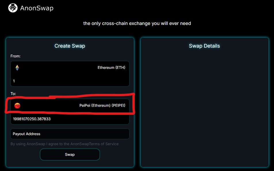 If you want to remain anonymous to fill your bags with @Peipeierc20 ( $PEIPEI ) ...

anonswap.finance

no account required, no wallet connection, gets you the best price based on 20+ centralized exchanges...not DEX's!

Enjoy the trade - Let's GOOOOOO $PEIPEI !!
