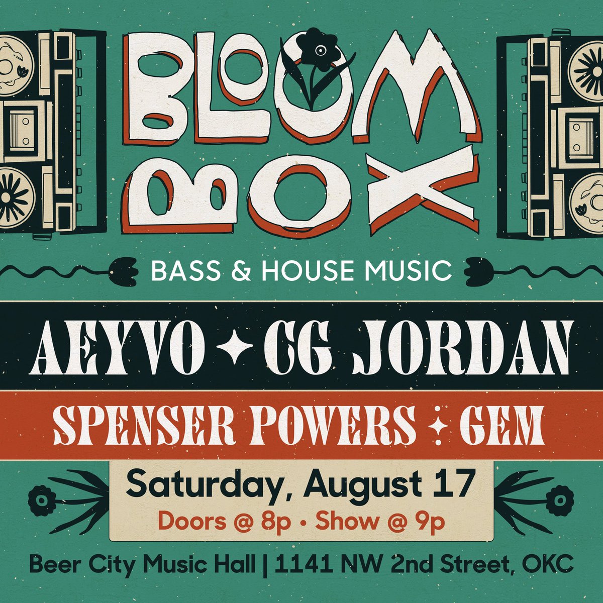 ONE DAY until BLOOMBOX at Beer City Music Hall in OKC! An all-ages EDM event powered by Klub Radio. DO NOT MISS this epic event going down tomorrow night. Feat. SPENSER POWERS, GEM, CG JORDAN &amp; AEYVO. 🌷🪩 prekindle.com/event/37745-bl…