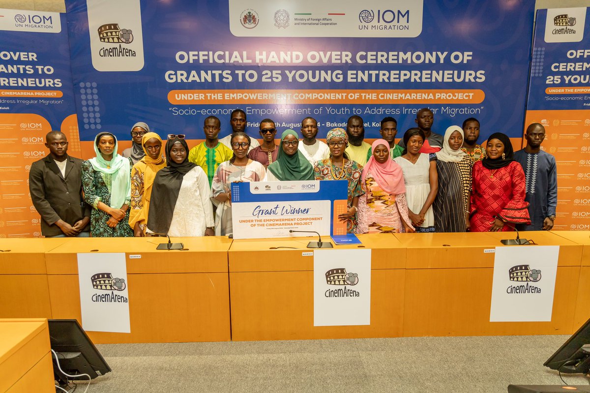 stateofmic's tweet photo. We are glad to be working once again with @IOMGambia under the @ArenaCinem project to provide event management services. Today, they proudly awarded grants to 25 young entrepreneurs in The Gambia as part of the Cinemarena project. This initiative aims to empower young people to establish sustainable businesses, helping them pursue meaningful opportunities at home and discouraging irregular migration to Europe.