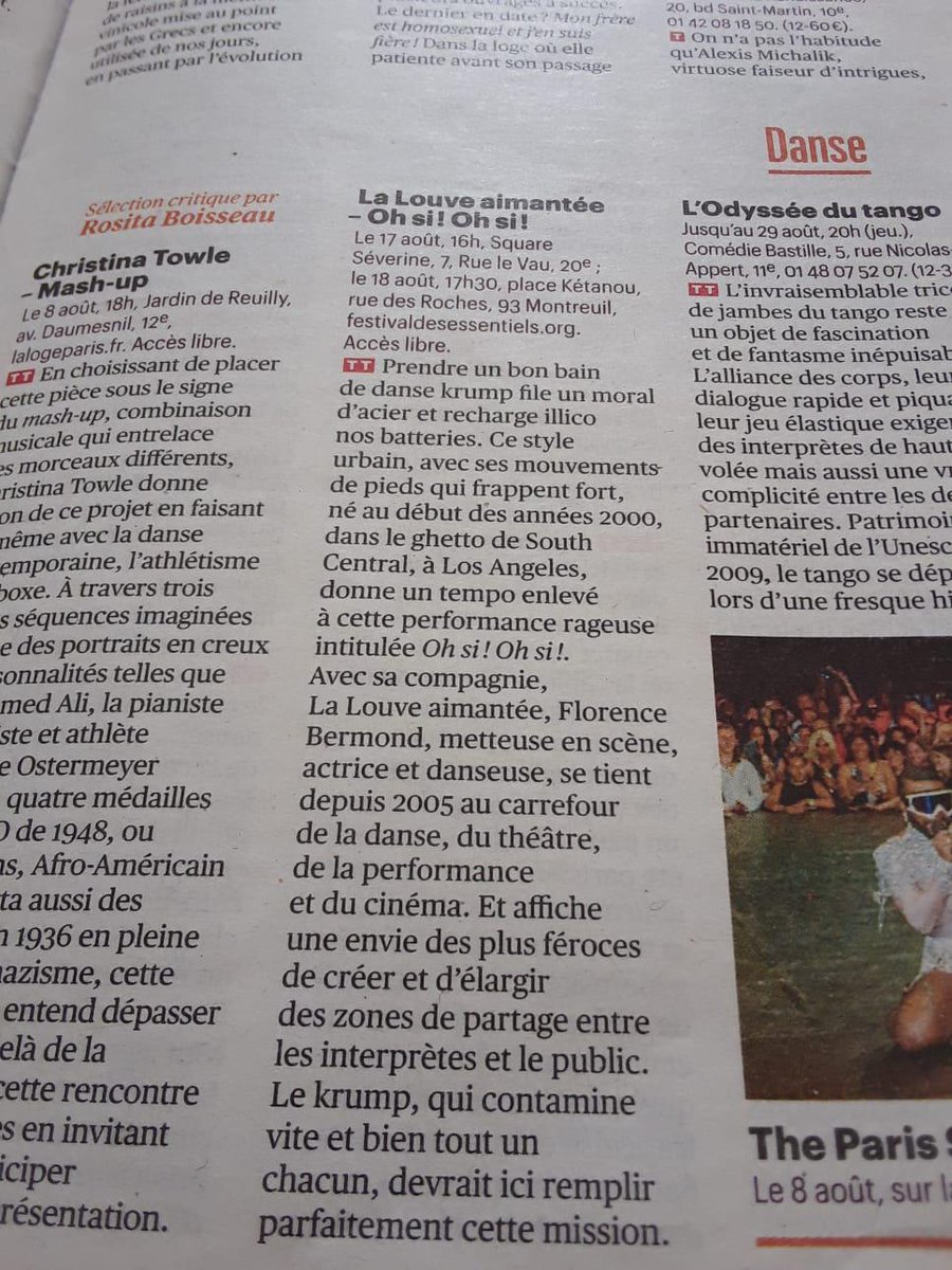 le <a href="/FEssentiels/">Festival des Essentiels</a> annoncé dans <a href="/Telerama/">Télérama</a> , focus sur le krump de #LaLouveAimantée, samedi square severine à Paris et dimanche place ketanou à Montreuil