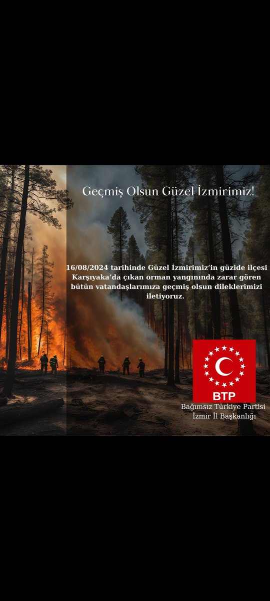Geçmiş Olsun Güzel İzmirimiz!

16/08/2024 tarihinde Güzel İzmirimiz'in güzide ilçesi Karşıyaka'da çıkan orman yangınında zarar gören bütün vatandaşlarımıza geçmiş olsun dileklerimizi iletiyoruz.

BTP İzmir

#İzmir #Yangın #Orman #karsiyaka #yamanlar #geçmişolsun #geçmişolsunizmir