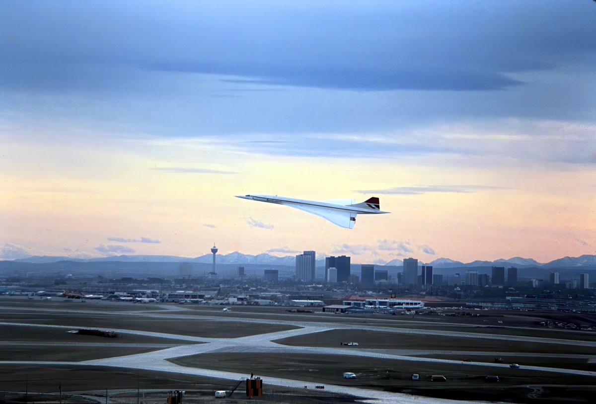 A Concorde flying over Calgary in October, 1977 for the opening of the new airport.