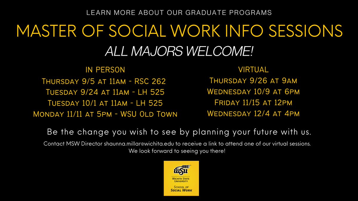 Start planning for your future in #socialwork!  Save a date for an upcoming info session for our #MSW program.  The deadline to apply is January 10th, 2025.  Our regular program begins in August 2025, and our advanced standing programs begins in May 2025.