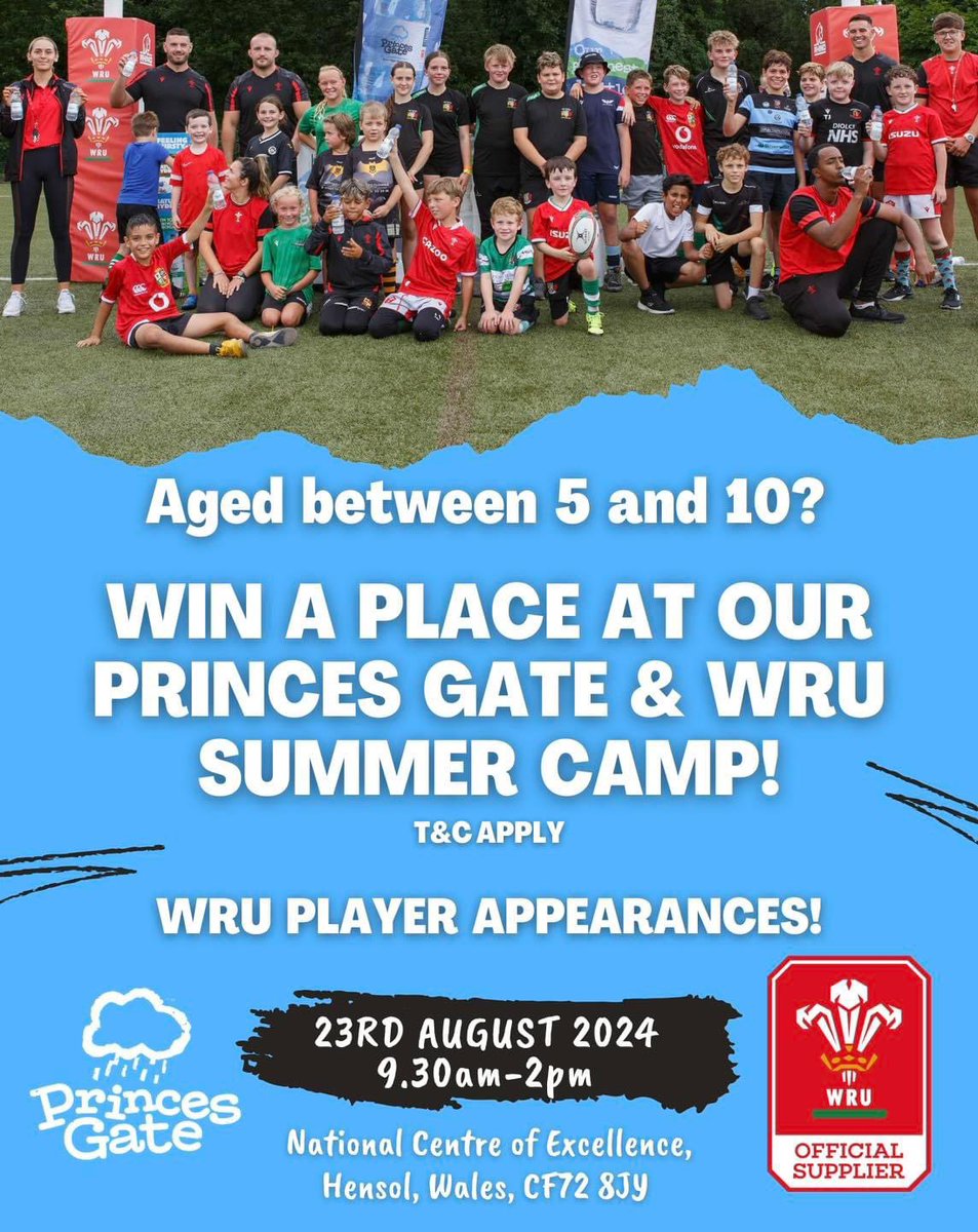 🏉COMPETITION TIME!🏉

A chance to WIN a place at this years Princes Gate-WRU Summer Camp on 23rd Aug at The Vale Resort!

To enter, simply:
1. Comment with your child’s age
2. Tag 3 rugby-loving friends.
3. Like. RT. Follow Us.

Entries close 9am Monday 19th Aug.
Good luck!🤞