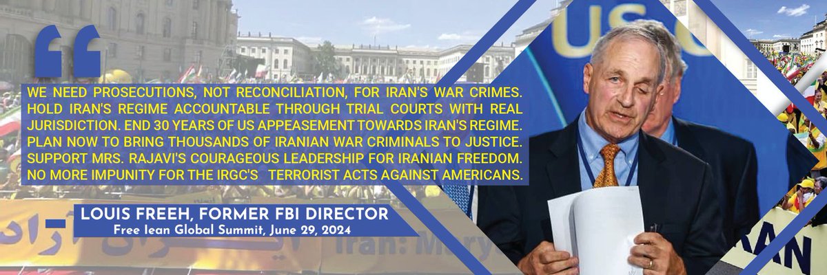 OrgIAC's tweet photo. "WE NEED PROSECUTIONS, NOT RECONCILIATION, FOR IRANS WAR CRIMES.
HOLD IRAN'S REGIME ACCOUNTABLE..." - Louis Freeh, Former FBI Director
#FreeIran #MaximumPressure #MaximumPressurePolicy https://t.co/NqFjerUemu
