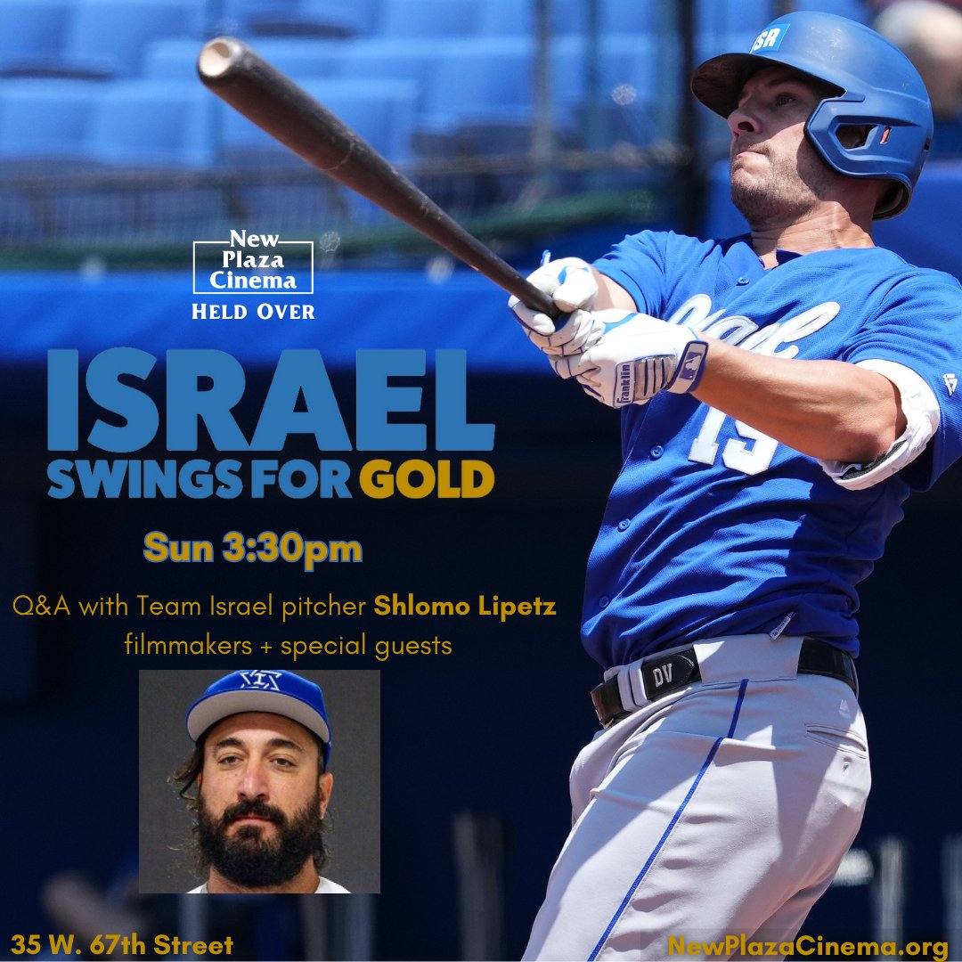 NewPlazaCinema's tweet image. ISRAEL SWINGS FOR GOLD — the new documentary about Israel’s competition in the Tokyo Olympics — is held over for a third weekend!

Team Israel pitcher Shlomo Lipetz will join filmmakers and special guests for a Q&amp;amp;A — Sun 3:30pm at @NewPlazaCinema 

🎟 ticketing.useast.veezi.com/purchase/1510?…
