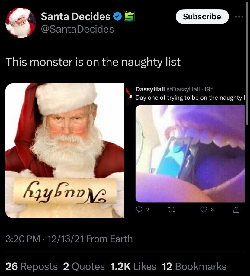DassyHall's tweet photo. @SantaDecides In 2021 when you were becoming really popular😂 I still won’t forget when I got put on the naughty list. https://t.co/r7QvN6p99x