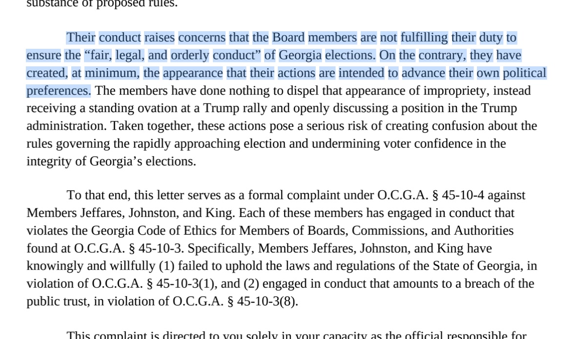 AnnaBower's tweet photo. The complaint alleges that three MAGA-aligned state election board members—Rick Jeffares, Janice Johnston, and Janelle King—are not fulfilling their duties as election officials and that their actions instead appear to "advance their own political preferences." https://t.co/HmATPX14Ai