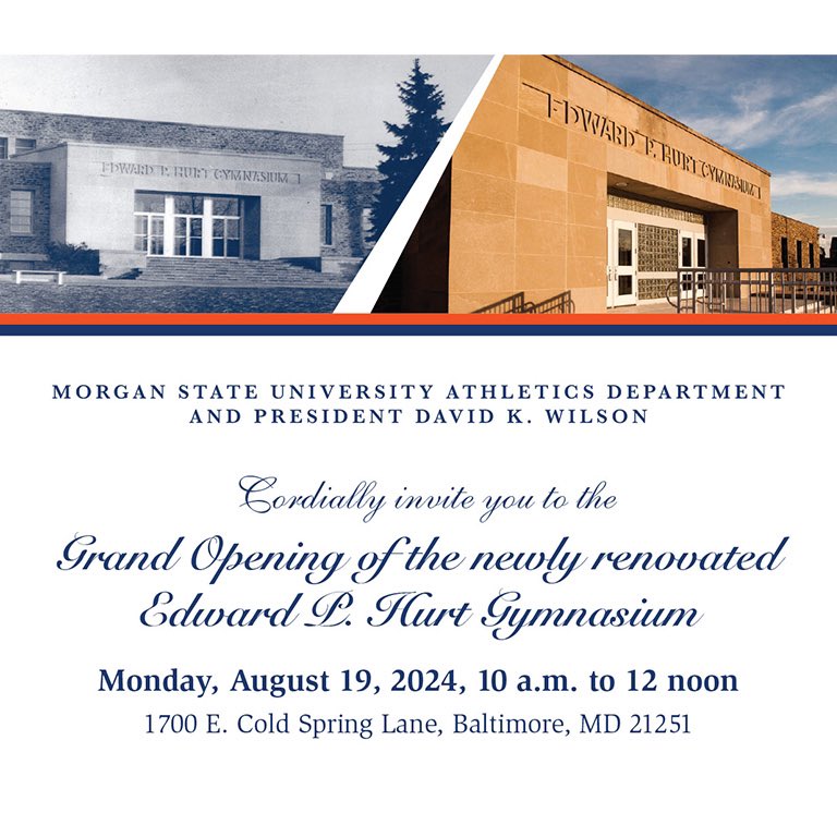 MorganStateU's tweet image. We're excited to announce the grand reopening of the historic Hurt Gymnasium! 💪🏾 Named in honor of legendary coach Edward P. Hurt, this beloved building has been fully restored.

Join us on Monday, August 19 at 10 a.m. We can't wait to see you there!

🔗 events.morgan.edu/event/grand-op…